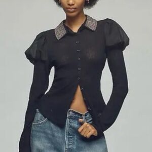 Anthropologie Maeve Puff Sleeve Button-down Black Blouse Medium NWOT